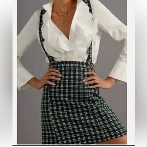 Maeve Anthropologie Navy Green Plaid Preppy Pinafore Cotton Mini Skirt Size 8